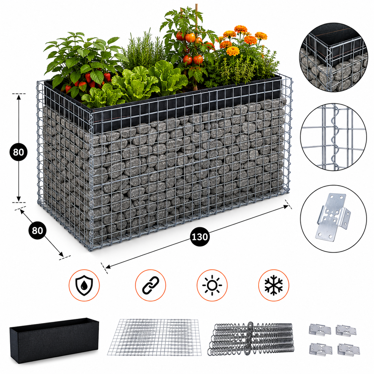Kuvido Hochbeet eckig 130 cm x 80 cm x 80 cm (L x H x T), Maschenweite 5 x 5 cm, Wandstärke 10 cm