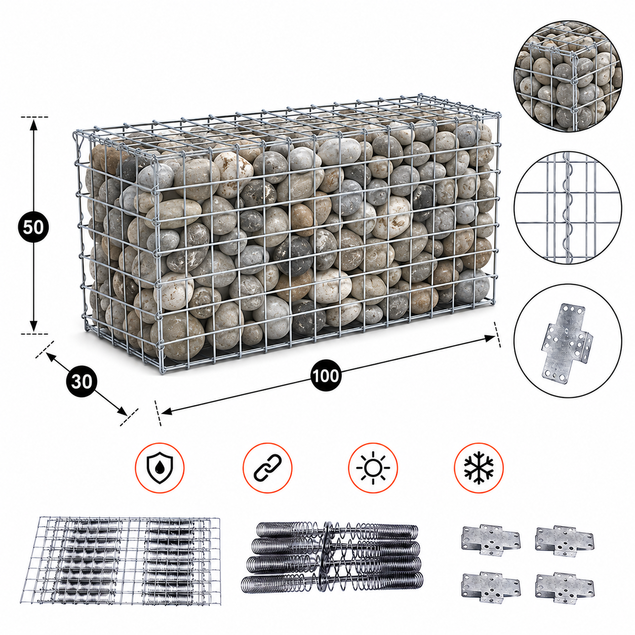 Kuvido Gabione 100 cm x 50 cm x 30 cm (L x H x T), Maschenweite 5 cm x 5 cm, C-Ring