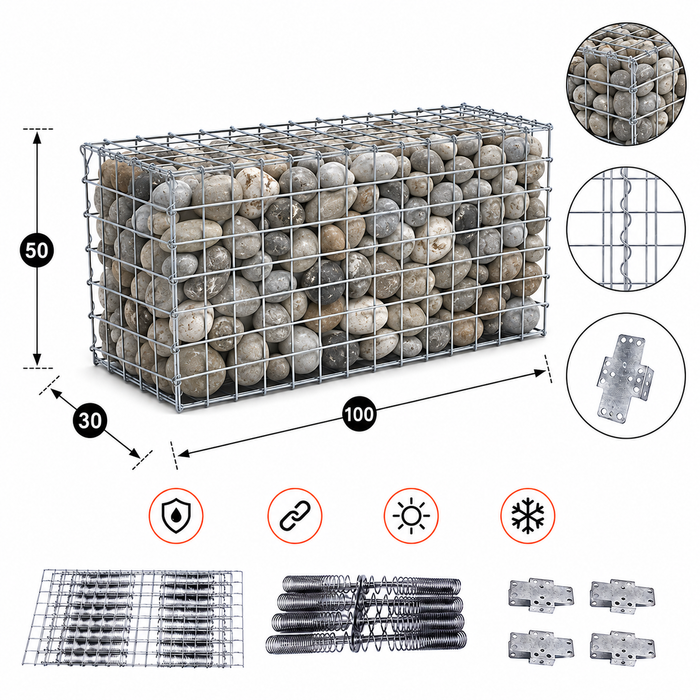 Kuvido Gabione 100 cm x 50 cm x 30 cm (L x H x T), Maschenweite 5 cm x 5 cm, C-Ring