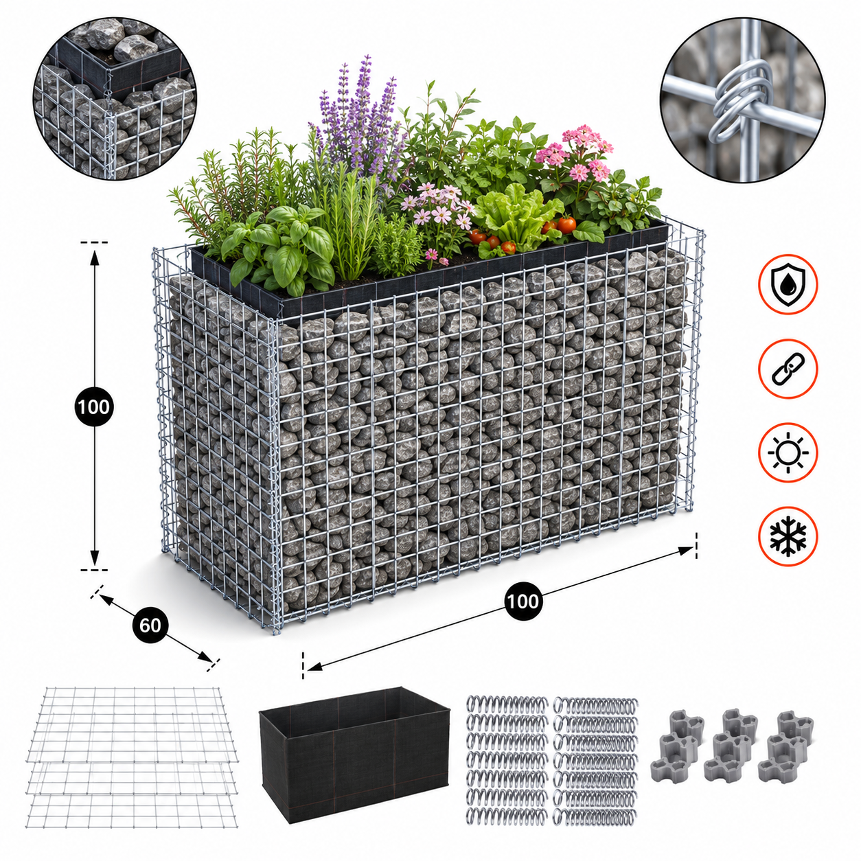 Kuvido Hochbeet eckig 100 cm x 100 cm x 60 cm (L x H x T), Maschenweite 5 x 5 cm, Wandstärke 10 cm