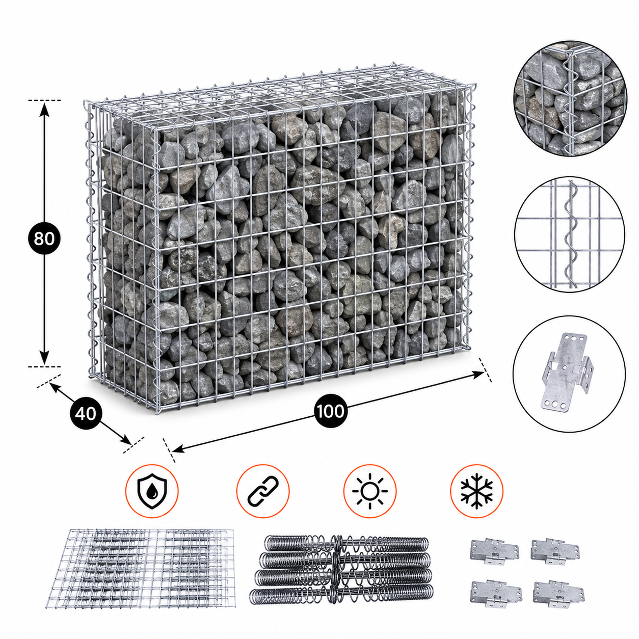 Kuvido Gabionenkorb 100 x 80 x 40 cm  Verzinktes Drahtgeflecht 4 mm, Maschenweite 5 x 10 cm, Spiralverbinder, für Gartenbepflanzung und Landschaftsgestaltung