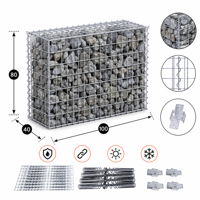Kuvido Gabionenkorb 100 x 80 x 40 cm  Verzinktes Drahtgeflecht 4 mm, Maschenweite 5 x 10 cm, Spiralverbinder, für Gartenbepflanzung und Landschaftsgestaltung