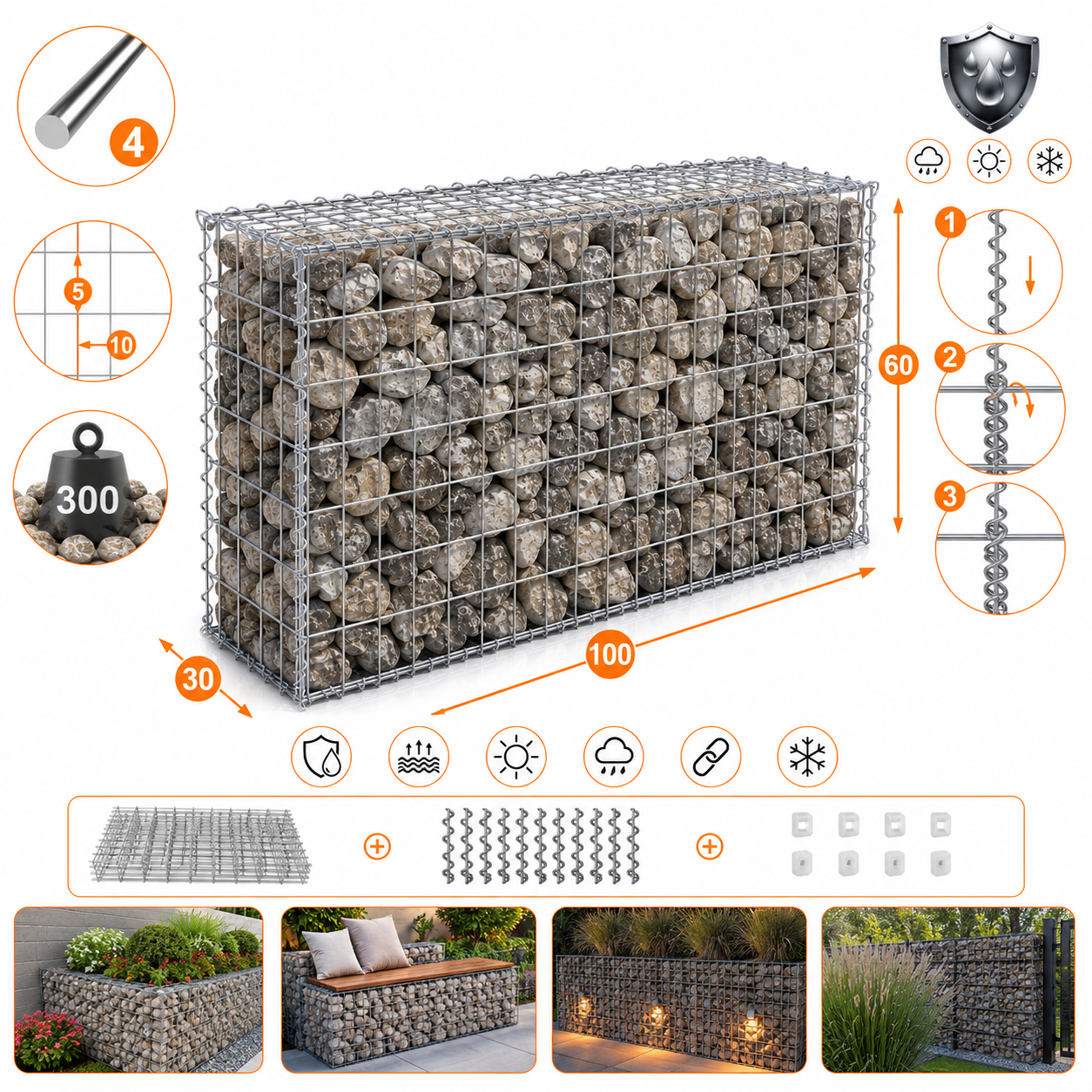 Kuvido Gabionenkorb 100 x 60 x 30 cm (L x H x T)  Verzinktes Stahldrahtgeflecht 4 mm, Maschenweite 5 x 10 cm, Spiralverbinder, rostfreier Gabionenkorb für den Außenbereich, für Steine und Gartengestaltung