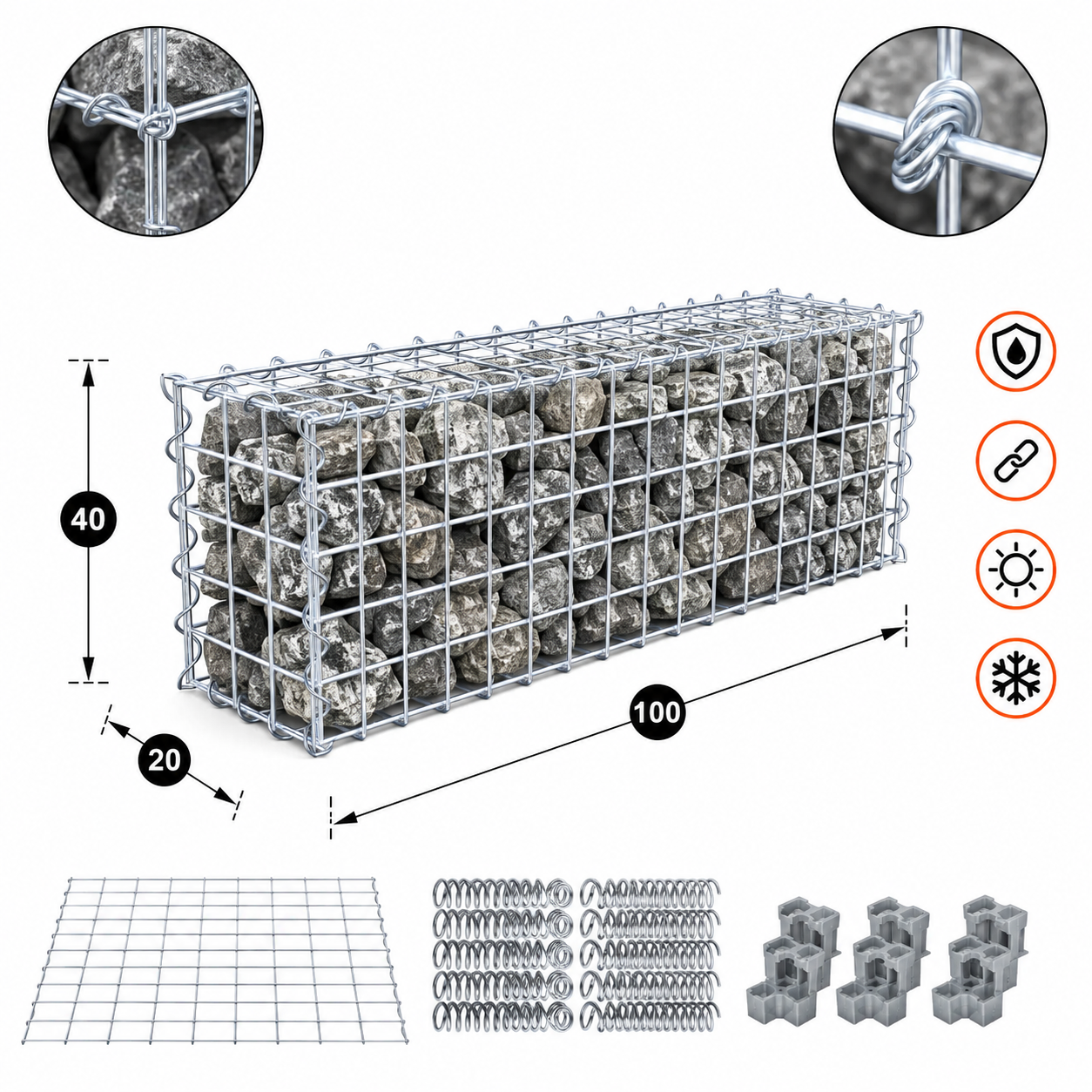 Kuvido Gabionenkorb 100 x 40 x 20 cm (L x H x T)  Verzinktes Stahldrahtgeflecht 4 mm, Maschenweite 5 x 5 cm, Spiralverbinder, für Gartengestaltung und Landschaftsbau