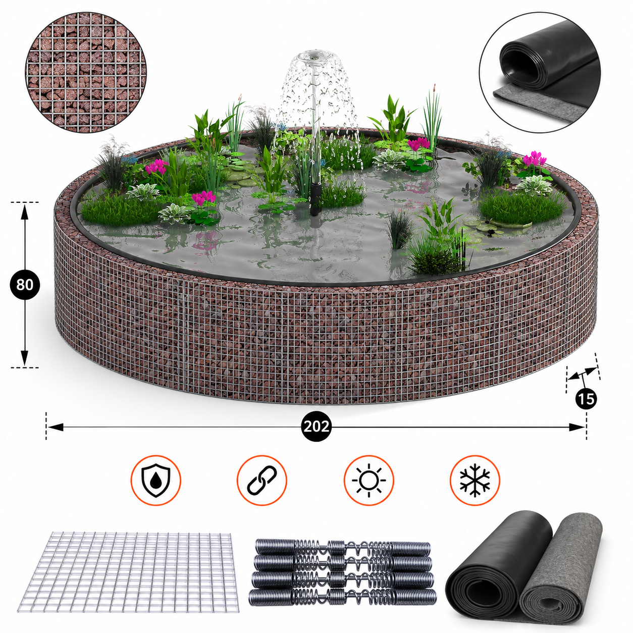 Kuvido Runder Gabionenteich 202 cm Durchmesser x 80 cm Höhe  Hochteich aus verzinktem Stahl, 4 mm Drahtgeflecht, 5 x 5 cm Maschenweite, Gartenteich für Außenbereich