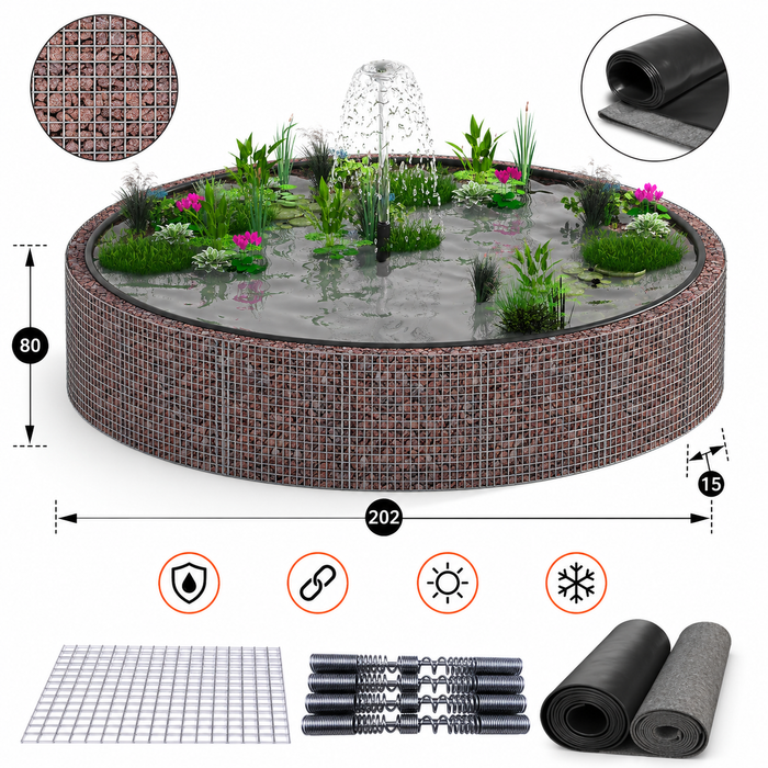 Kuvido Runder Gabionenteich 202 cm Durchmesser x 80 cm Höhe  Hochteich aus verzinktem Stahl, 4 mm Drahtgeflecht, 5 x 5 cm Maschenweite, Gartenteich für Außenbereich