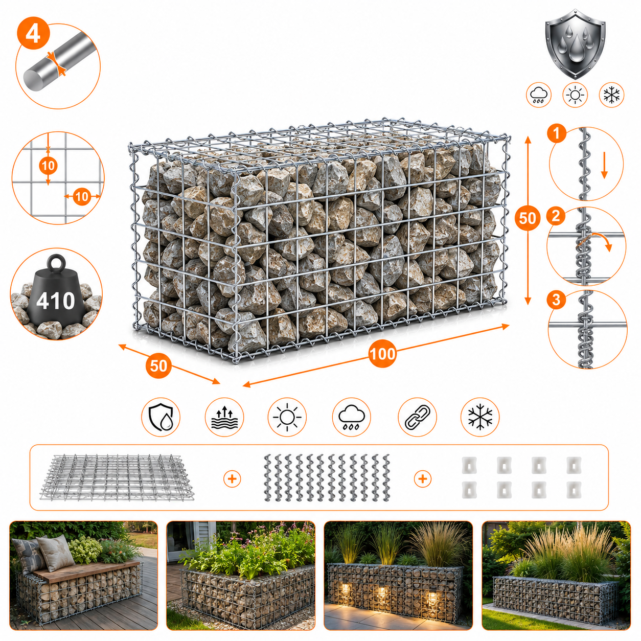 Kuvido Gabionenkorb 100 x 50 x 50 cm  verzinktes Stahldrahtgeflecht 4 mm, Maschenweite 10 x 10 cm, mit Spiralverbinder; Gabione für den Außenbereich, für Steine und Gartengestaltung