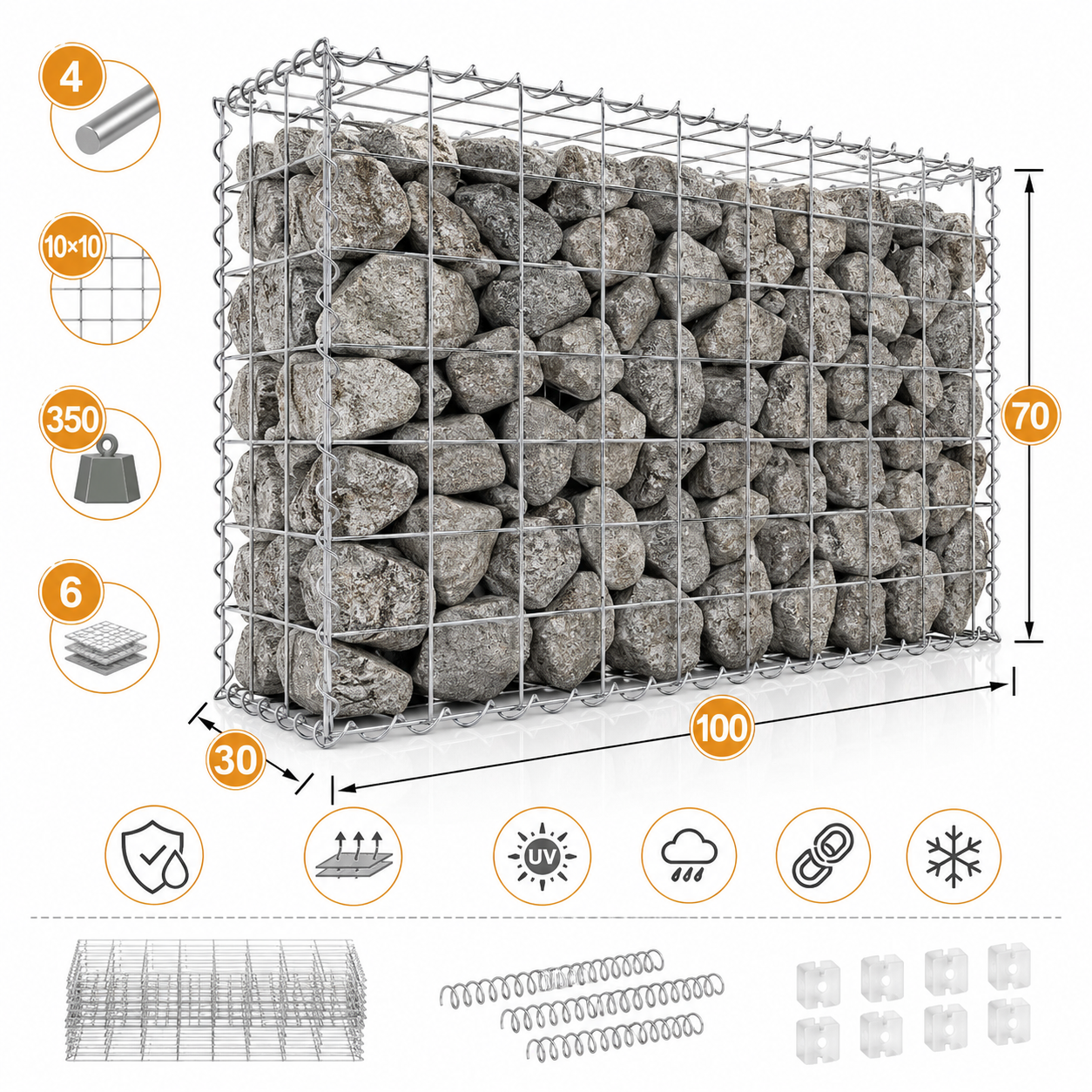 Kuvido Gabionenkorb 100 x 70 x 30 cm  Verzinktes Stahldrahtgeflecht 4 mm, Maschenweite 10 x 10 cm, Spiralverbinder, für Gartengestaltung und Landschaftsbau