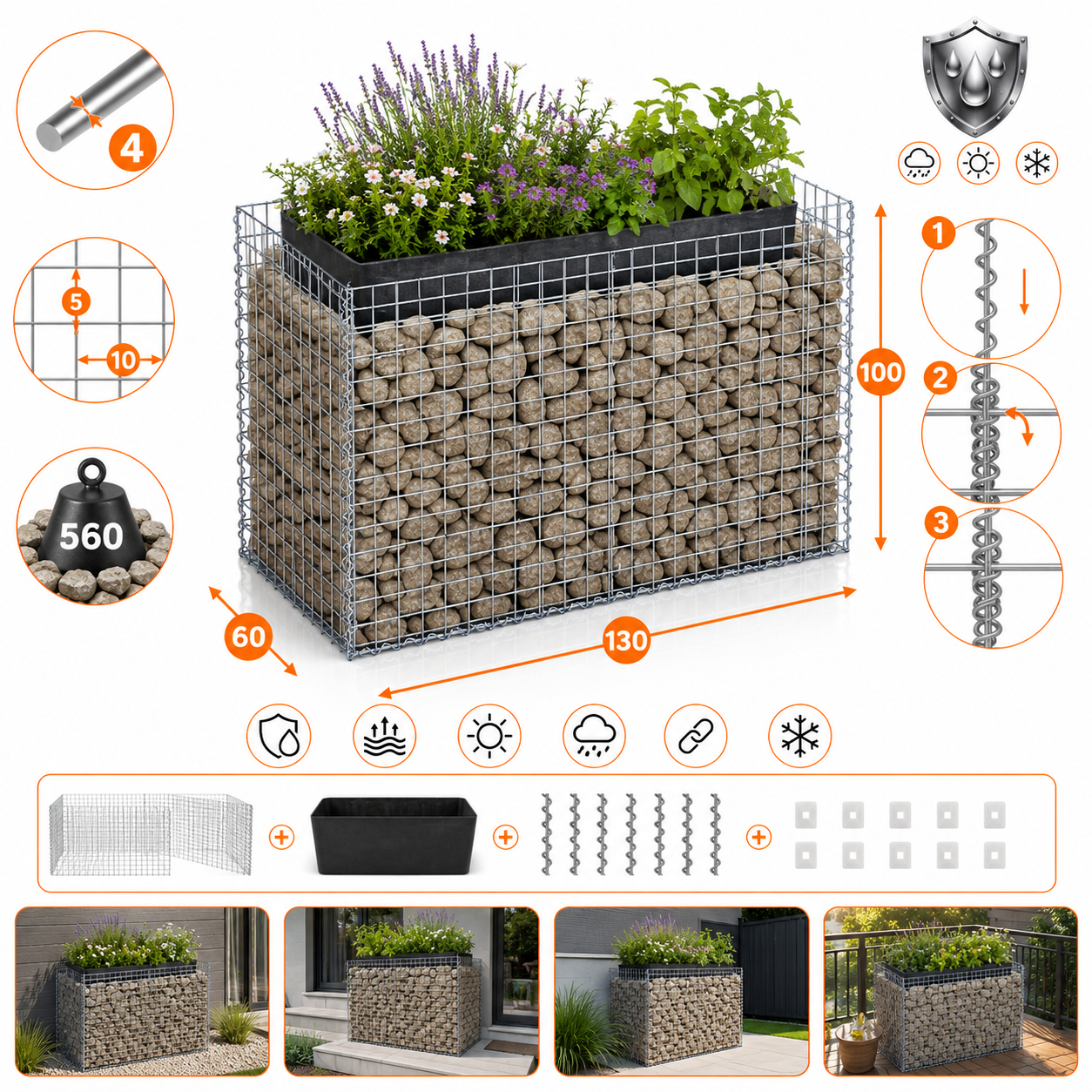Kuvido Rechteckiges Hochbeet 130 x 100 x 60 cm (L x H x T)  Verzinktes Metall-Hochbeet mit 5 x 10 cm Maschenweite, 10 cm Wandstärke, robustes Pflanzgefäß für Gemüse, Kräuter und Blumen