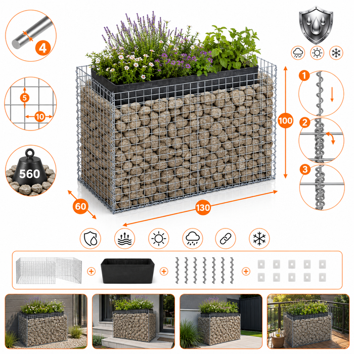 Kuvido Rechteckiges Hochbeet 130 x 100 x 60 cm (L x H x T)  Verzinktes Metall-Hochbeet mit 5 x 10 cm Maschenweite, 10 cm Wandstärke, robustes Pflanzgefäß für Gemüse, Kräuter und Blumen