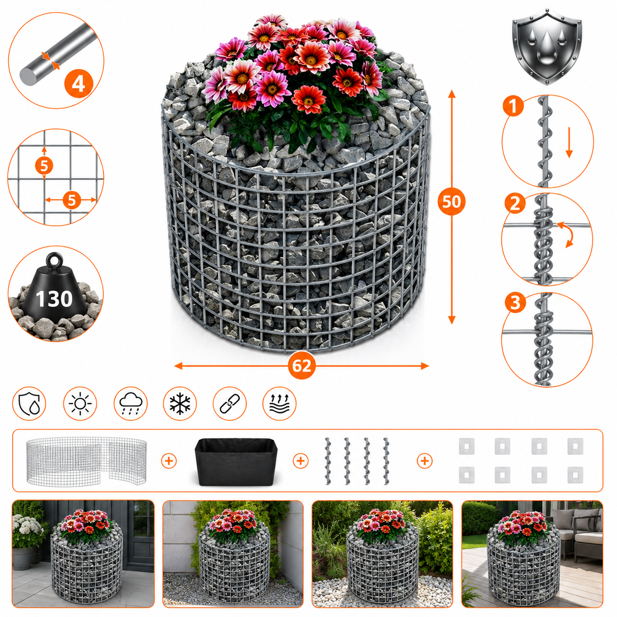 Rundes Hochbeet von Kuvido, 62 cm Durchmesser x 50 cm Höhe  Verzinktes Metall, 4 mm Drahtgeflecht, Maschenweite 5 x 5 cm, Wandstärke 10 cm, rostfreier Pflanzkasten für Kräuter, Blumen und Gemüse