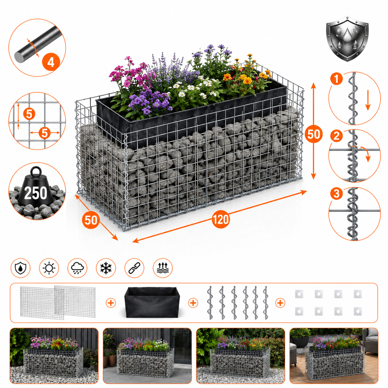 Kuvido Rostbeständiges Hochbeet Rechteckig 120cm x 50cm x 50cm  Langlebiges verzinktes Metallgitter 4 mm, 5x5 cm Maschenweite  Stabiler Pflanzkasten für Blumen, Kräuter und Gemüsegärten