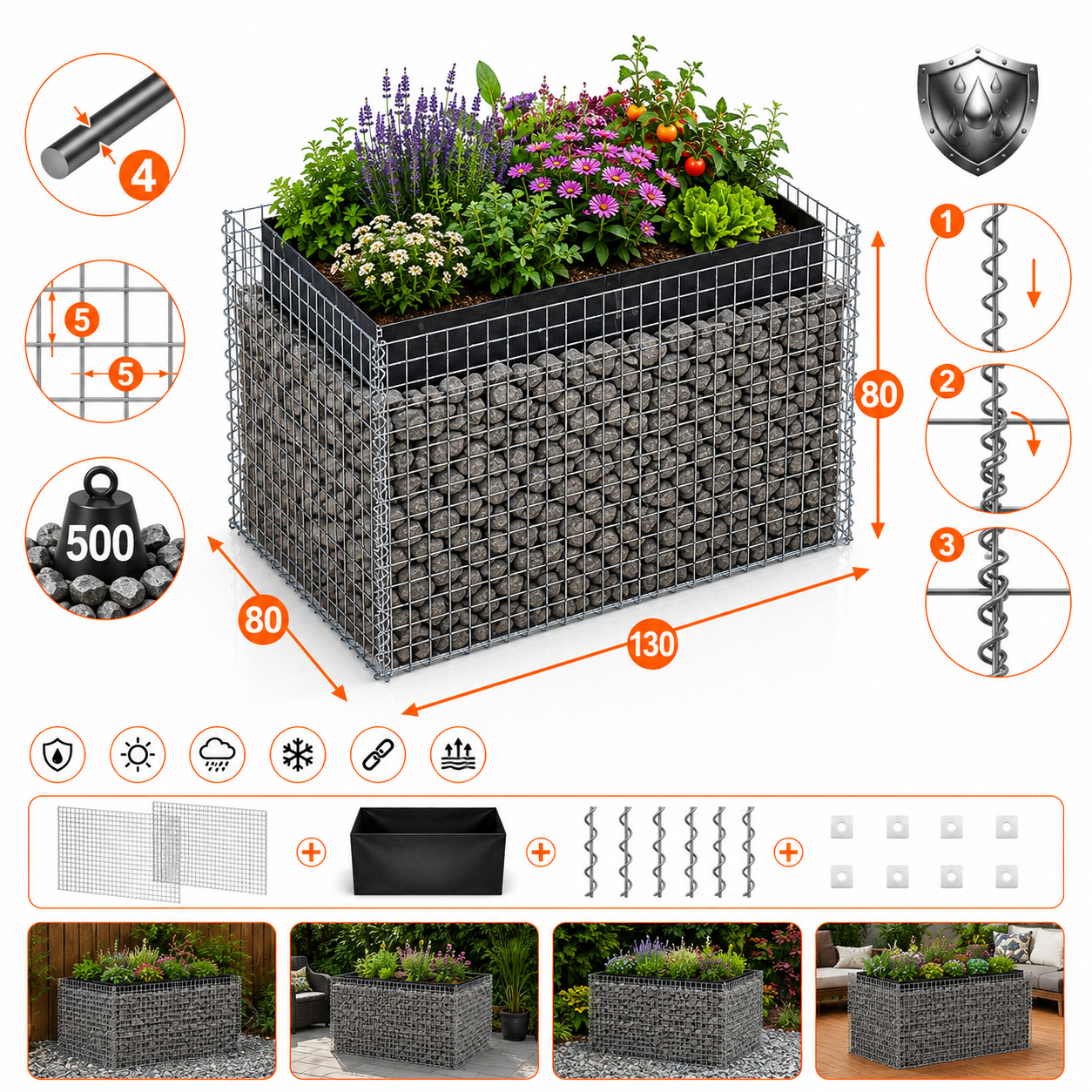 Kuvido Rechteckiges Hochbeet 130 x 80 x 80 cm (L x H x T)  Verzinktes Metall, 4 mm Drahtgeflecht, Maschenweite 5 x 5 cm, Wandstärke 10 cm, rostfreier Pflanzkasten für Gemüse, Kräuter und Blumen