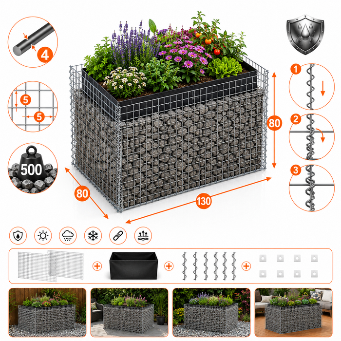 Kuvido Rechteckiges Hochbeet 130 x 80 x 80 cm (L x H x T)  Verzinktes Metall, 4 mm Drahtgeflecht, Maschenweite 5 x 5 cm, Wandstärke 10 cm, rostfreier Pflanzkasten für Gemüse, Kräuter und Blumen