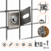 Kuvido Aluminium Gabionen-Klemme mit Zaunhalter  5x5 cm Masche, inklusive Abdeckplatte, Muttern, Schrauben & Unterlegscheiben  Robuster Metallclip mit sicherer, werkzeugfreier Montage für Gabionenkorb, Gartenmauer, dekorativer Zaun
