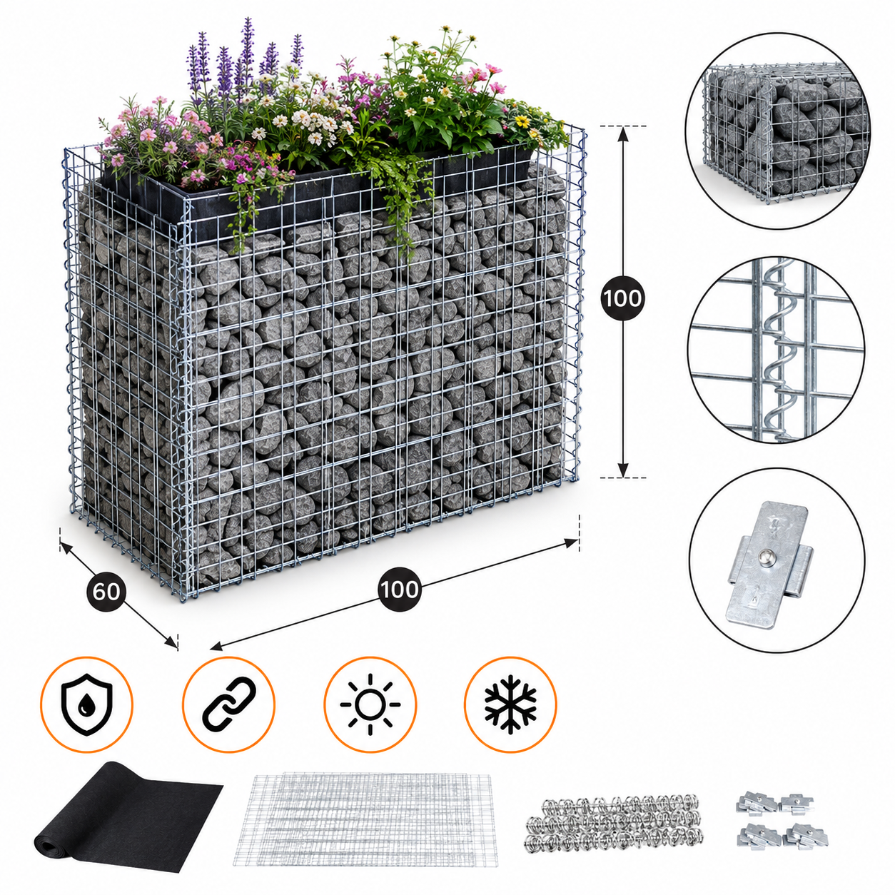 Kuvido Verzinktes Hochbeet 100 x 100 x 60 cm (L x H x T)  Robustes Metall-Pflanzbeet mit Drahtgitter für Gemüse, Kräuter & Blumen, korrosionsbeständiges Gartenbeet