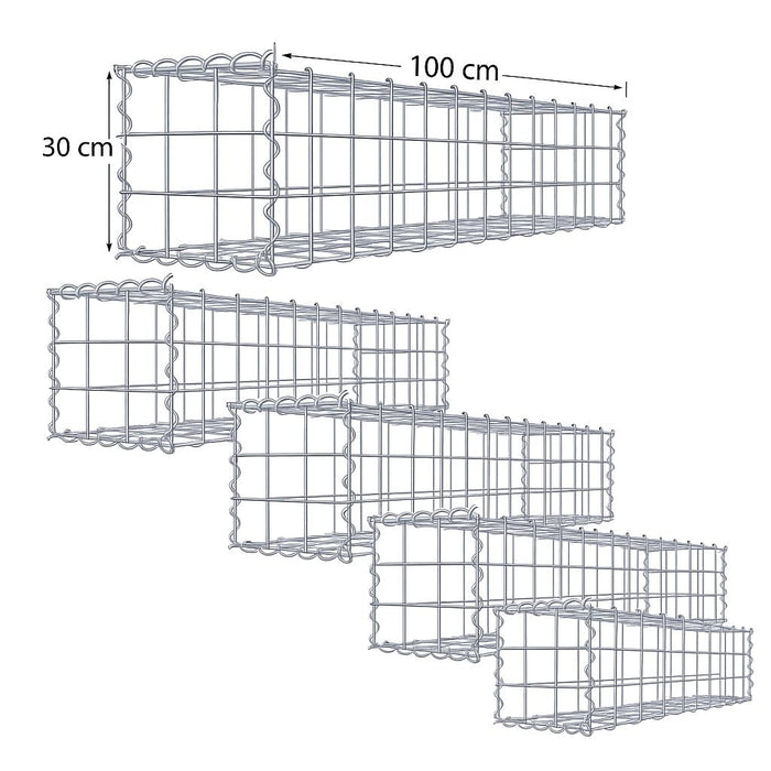 5er Set Gabionen 100 x 30 x 30 cm (L x H x T), Maschenweite 10 x 10 cm, Spiralverschluss, Drahtstärke 4,5 mm