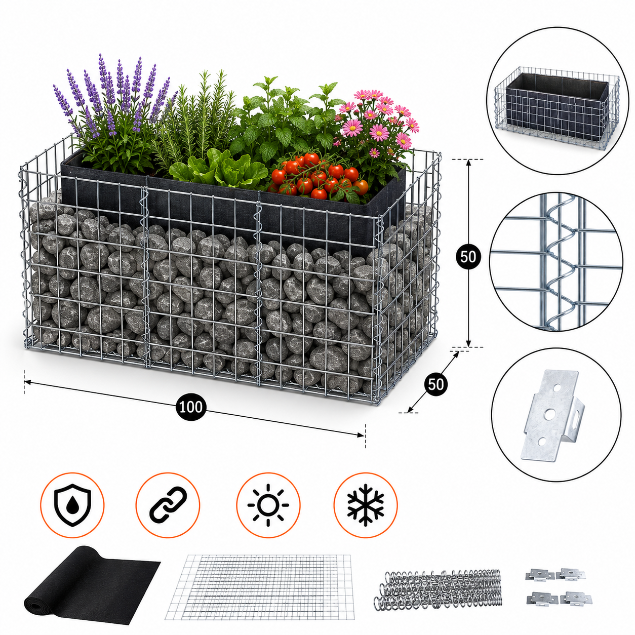Kuvido Rechteckiges Hochbeet 100 x 50 x 50 cm (L x H x T)  Verzinktes Metall-Hochbeet mit 5 x 10 cm Maschenweite, 10 cm Wandstärke, rostfreier Draht-Pflanzkasten für Gemüse, Kräuter und Blumen