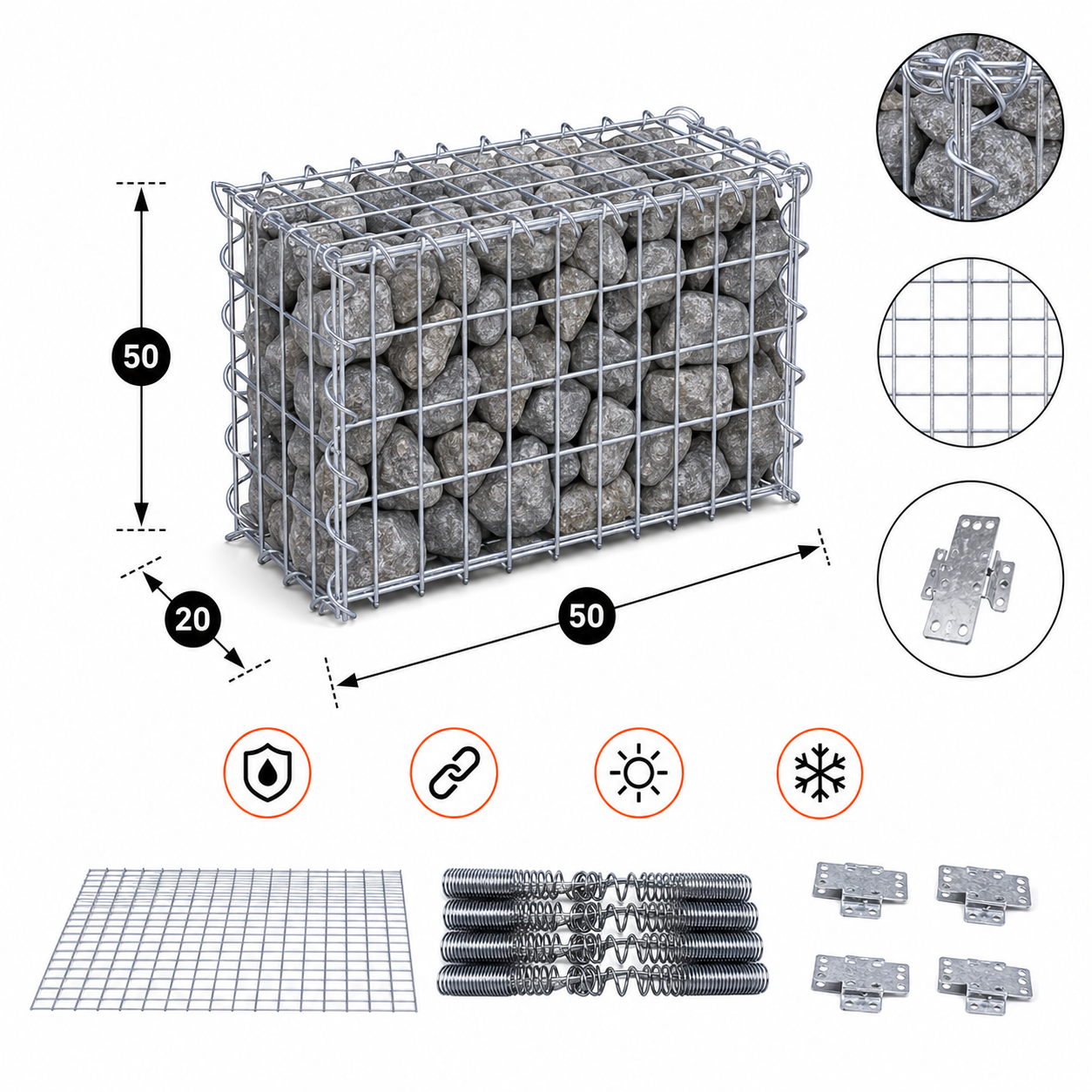 Kuvido Gabionenkorb 50 x 50 x 20 cm (L x H x T)  Verzinktes Stahldrahtgeflecht 4 mm, Maschenweite 5 x 5 cm, Spiralverbinder, für Garten- und Landschaftsgestaltung