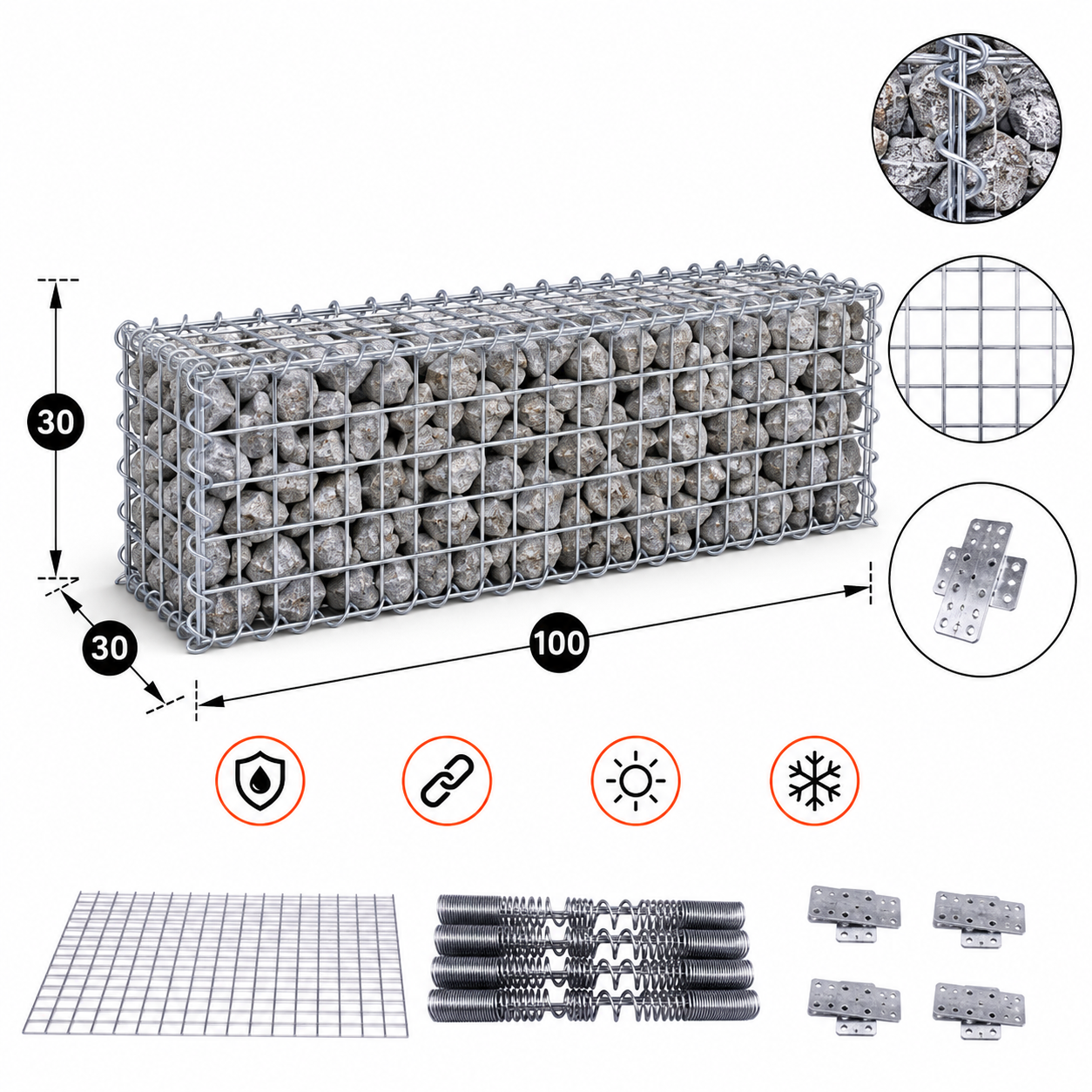Kuvido Gabionenkorb 100 x 30 x 30 cm (L x H x T)  Verzinktes Stahldrahtgeflecht 4 mm, Maschenweite 5 x 5 cm, Spiralverbinder, für Gartengestaltung und Landschaftsbau