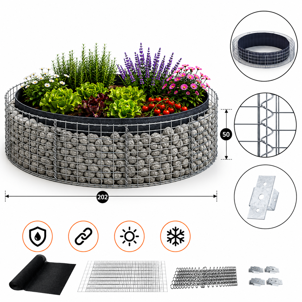 Rundes Hochbeet von Kuvido, 202 cm Durchmesser x 50 cm Höhe  Verzinktes Metall, 4 mm Drahtgeflecht (5 x 10 cm), Wandstärke 15 cm, rostfreier Pflanzkasten für Gemüse, Kräuter und Blumen