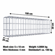 Kuvido Gabione 100 cm x 30 cm x 20 cm (L x H x T), Maschenweite 5 cm x 10 cm, C-Ring